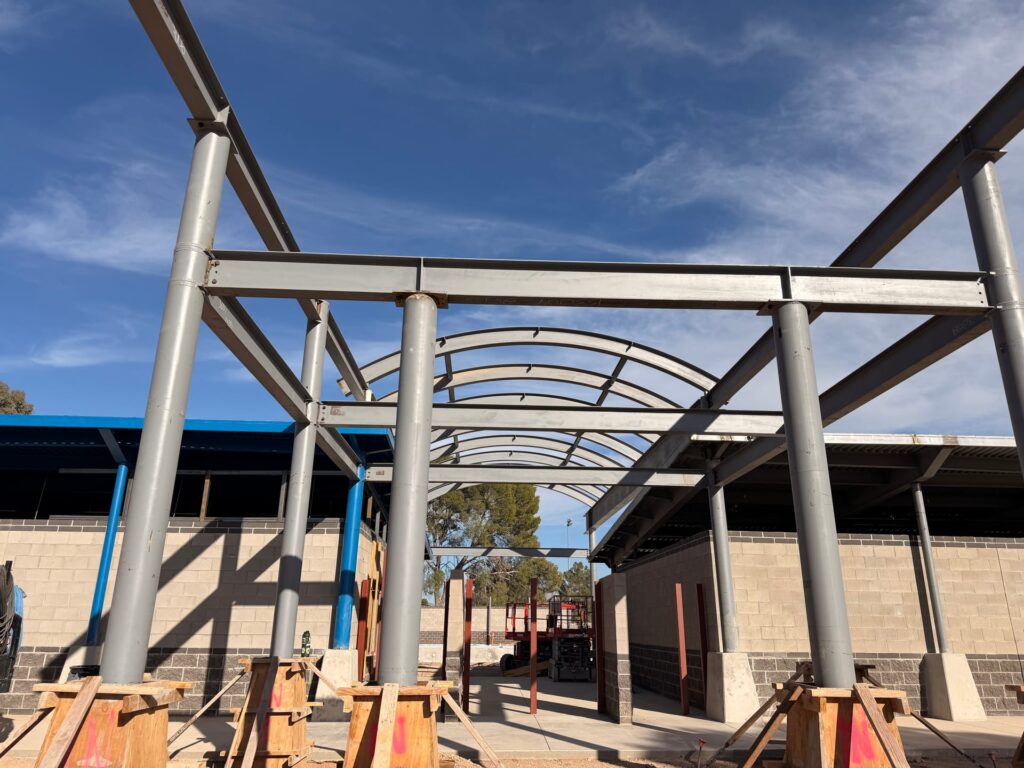 Steel canopy framing under construction, Mission Manor Park, Tucson AZ